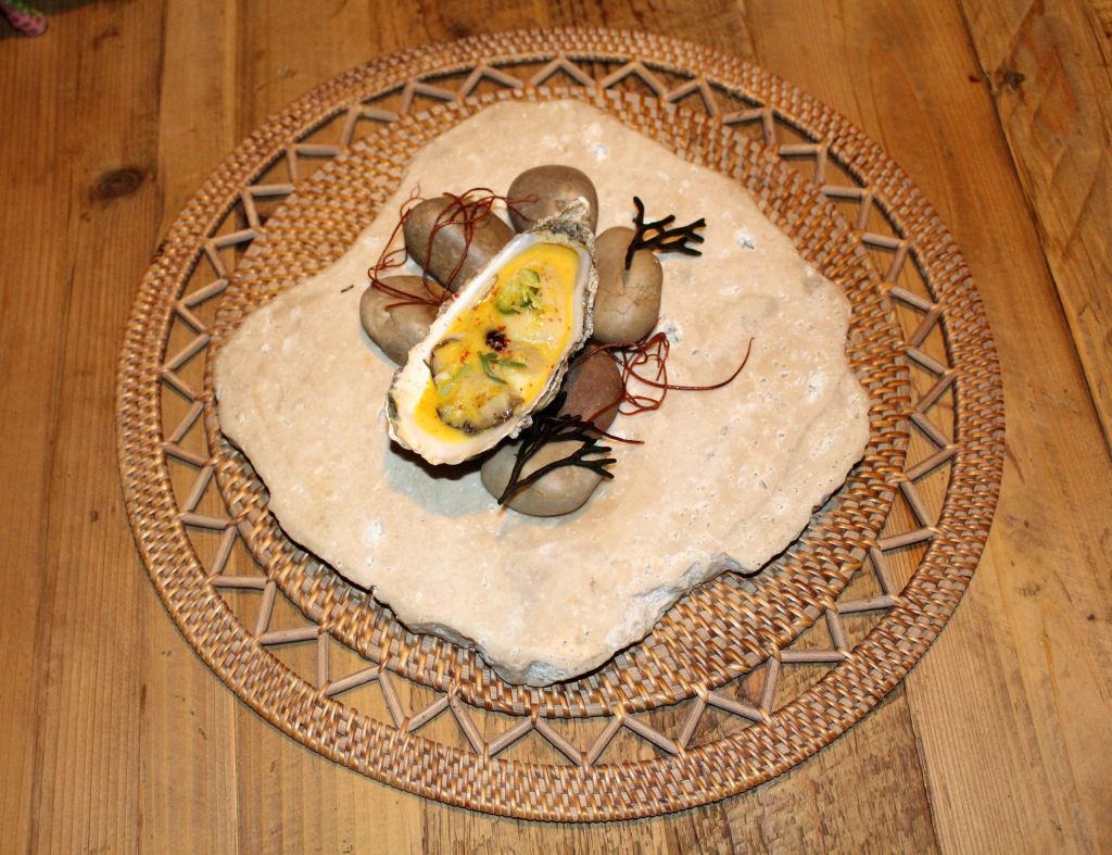 ostra con cítricos, sidra y boniato