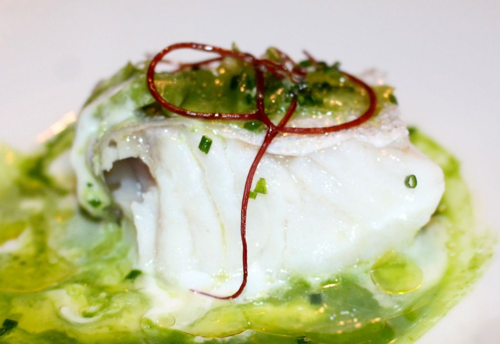 merluza del pincho con emulsión de su cogote, algas, cítricos y perejil