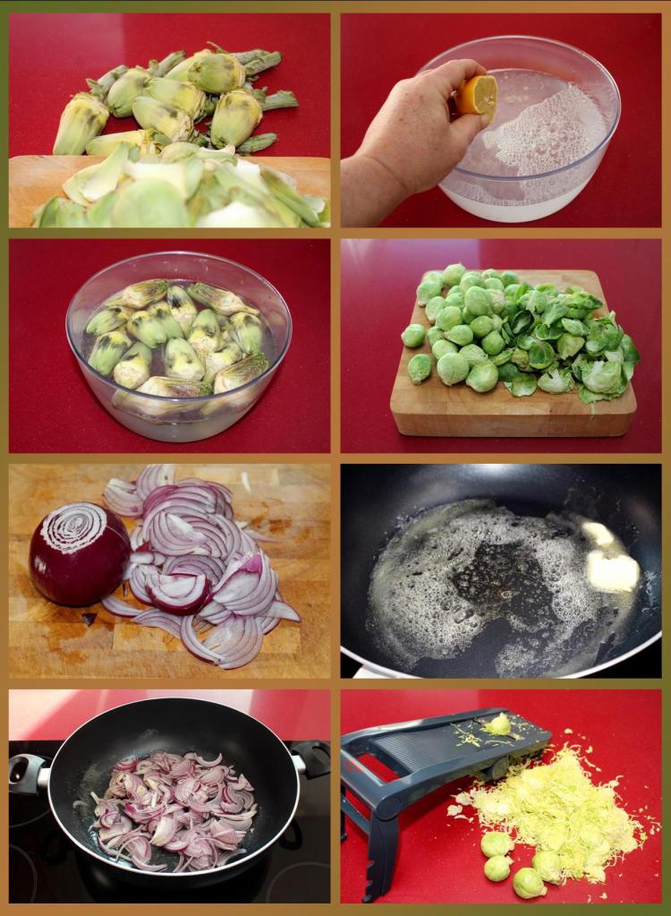 Coles de Bruselas, alcachofas, setas y foie