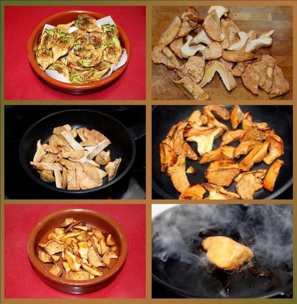 Coles de Bruselas, alcachofas, setas y foie