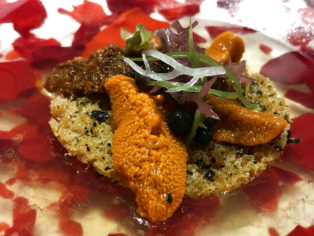 erizo de mar, algas y consome de galeras