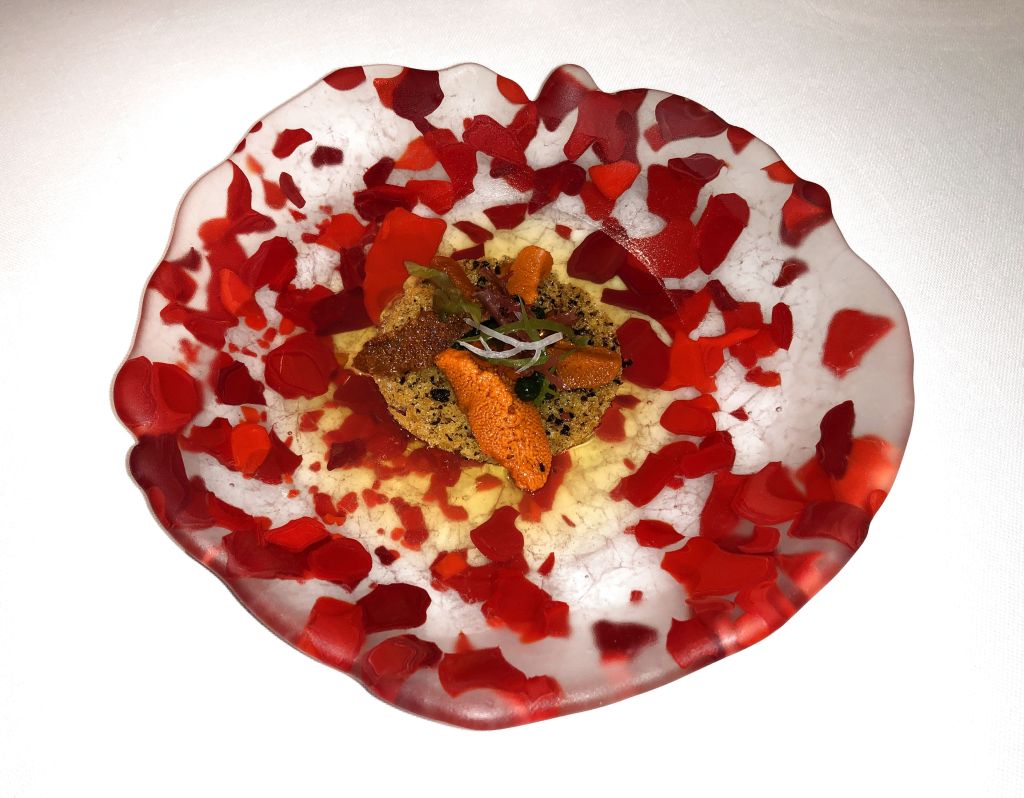 erizo de mar, algas y consome de galeras