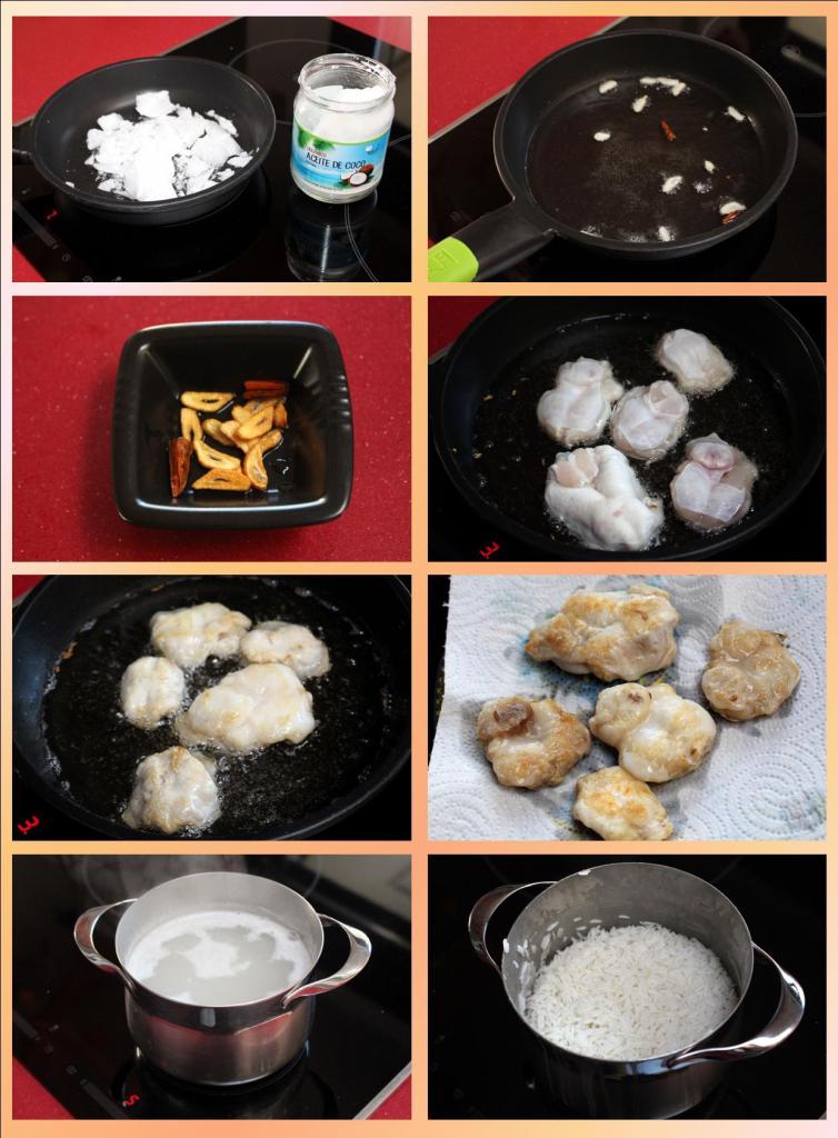 Cocochas confitadas con salsa de cacahuete