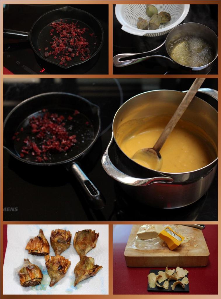 Puré de repollo, alcachofas, foie y cecina