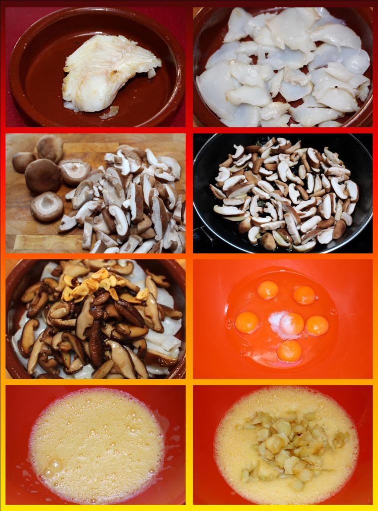 Tortilla de patatas, bacalao y setas