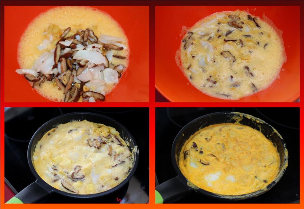Tortilla de patatas, bacalao y setas