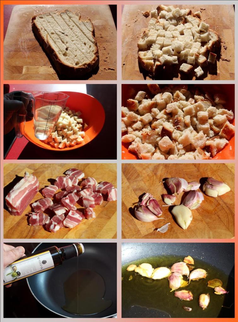 Tuétano, migas, espárrago y ajo asado