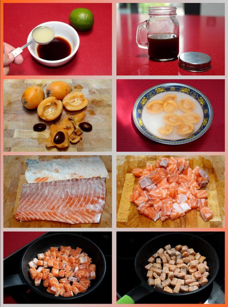 Ensalada de arroz, salmón y nísperos