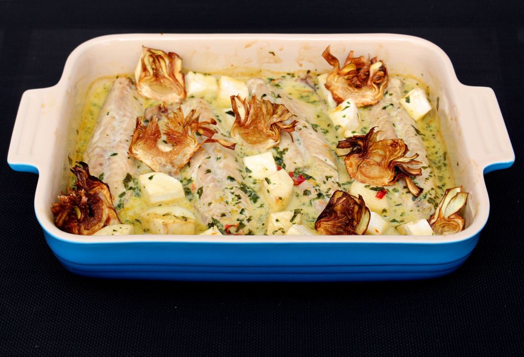 Caballa con Yuca, Coco y Alcachofa