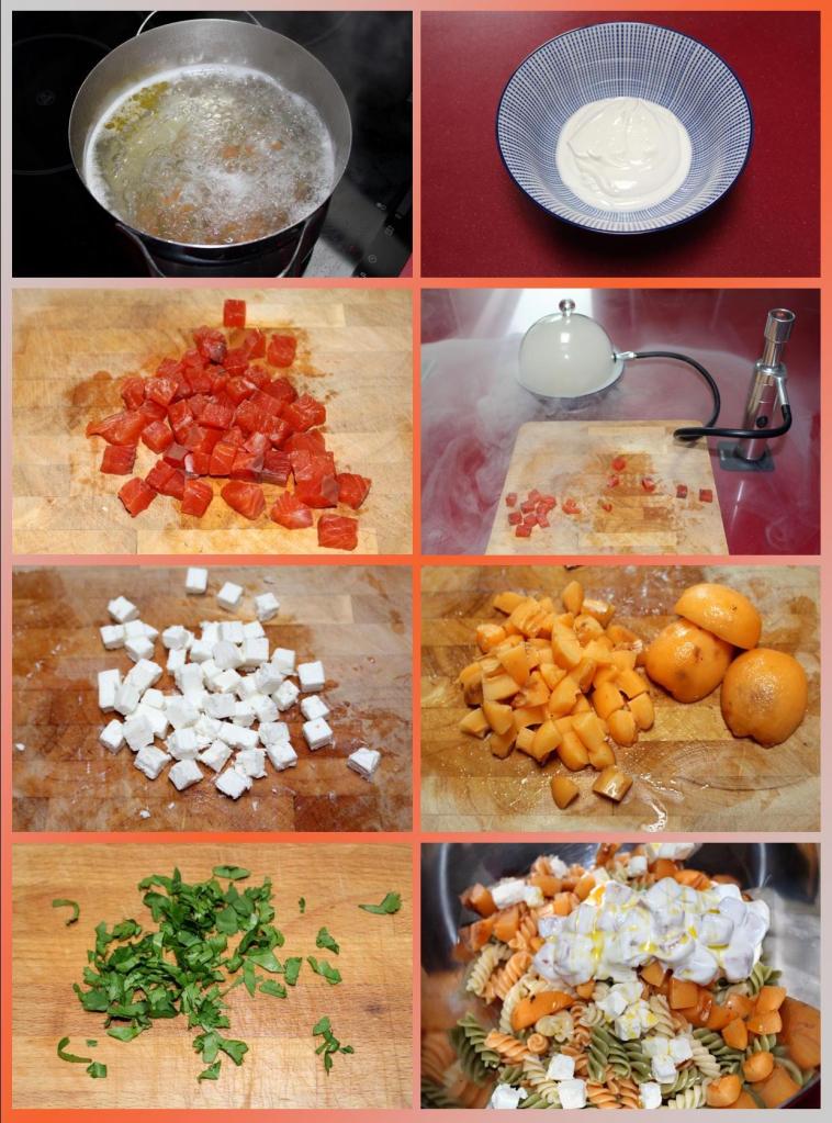 Pasta con Nísperos, Salmón Curado y Yogur Ahumado