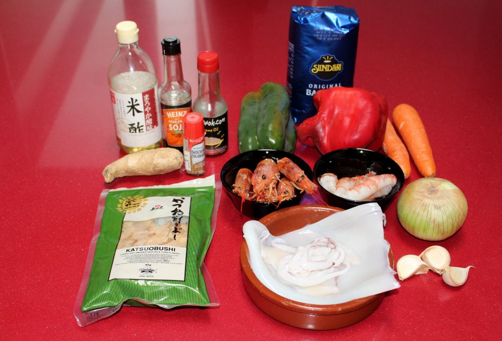 Wok de Verduras, Calamar y Gambones