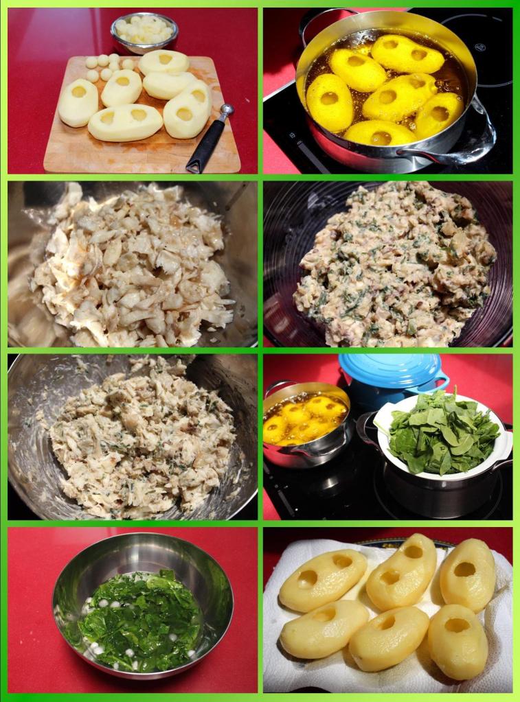 Patatas Rellenas con Rodaballo y Crema de Espinacas