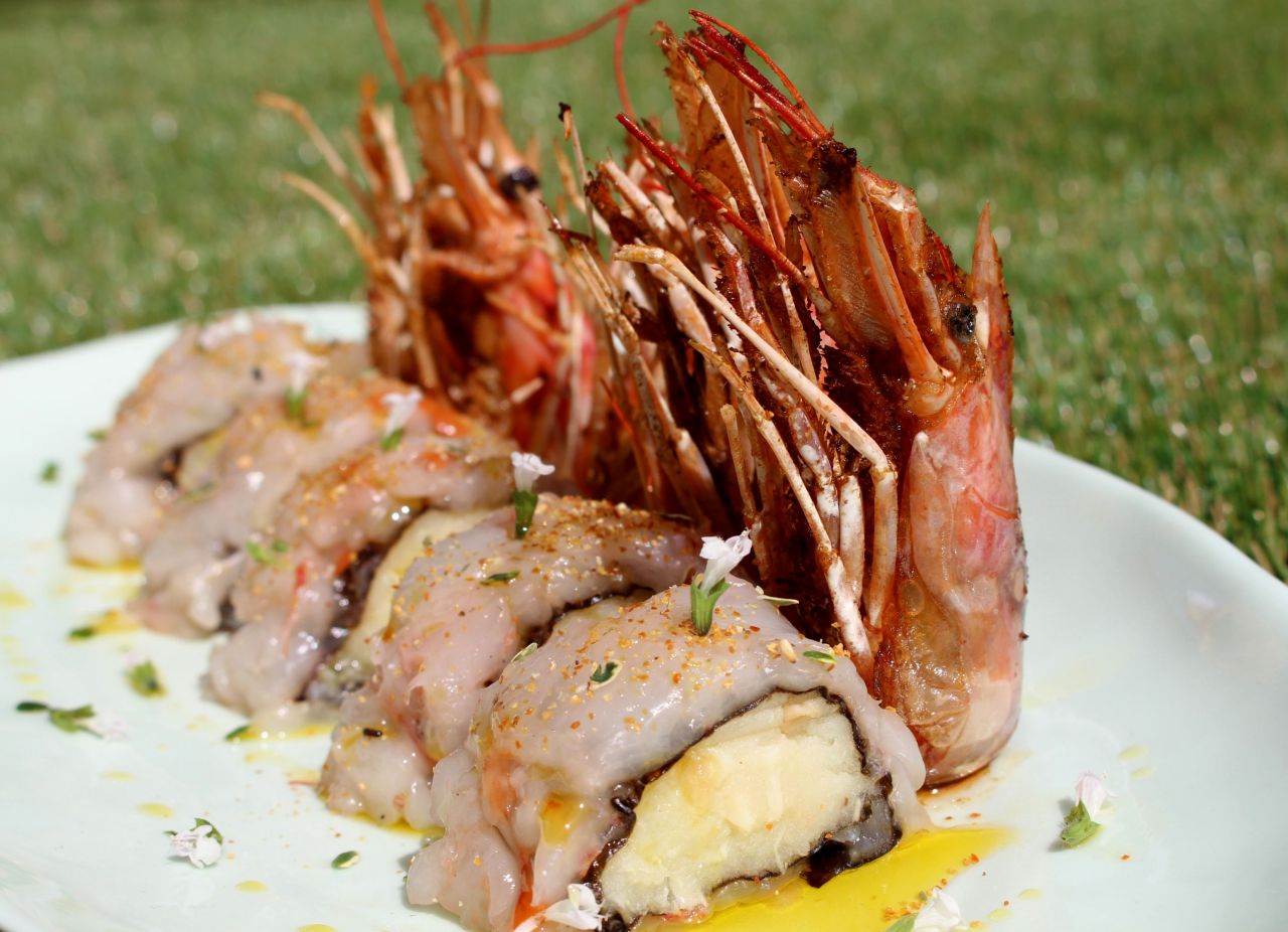 Sushi de Patata con Ajo Asado y&nbsp;Langostinos