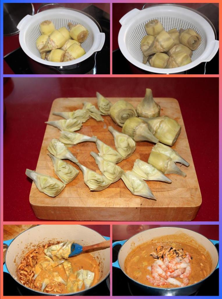 Guiso de Alcachofas, Calamar, Mejillones y Gambón