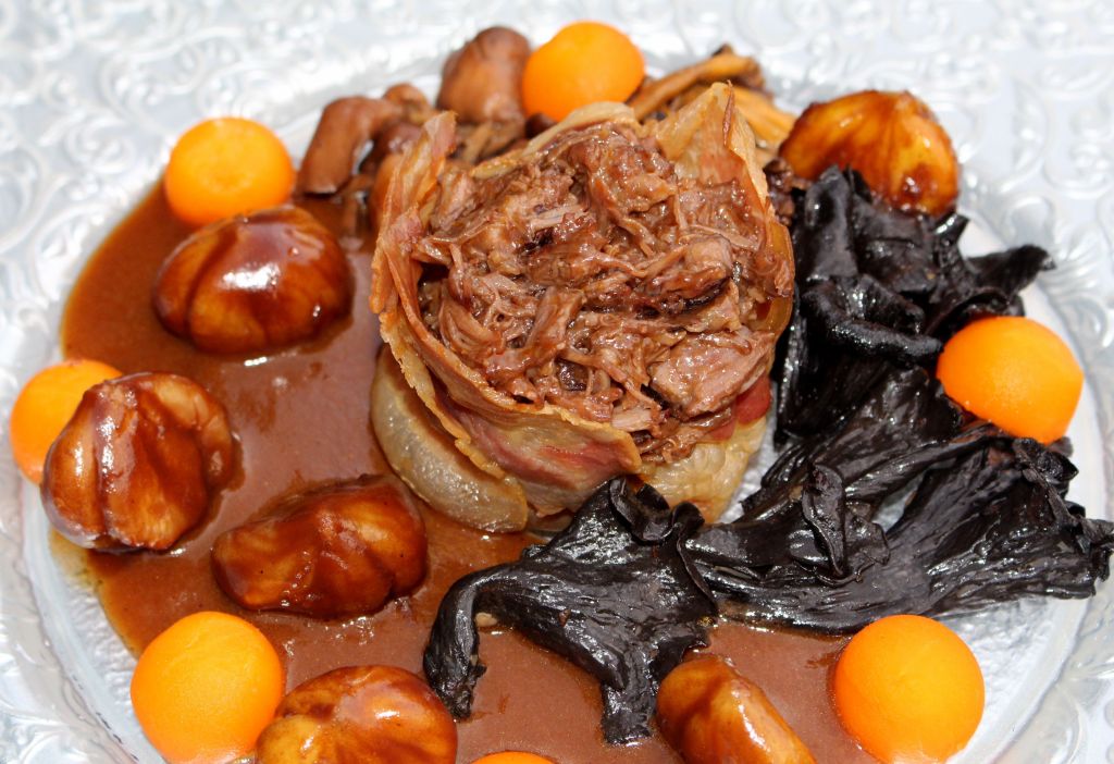 Carrilleras, Setas, Castañas, Calabaza y Panceta